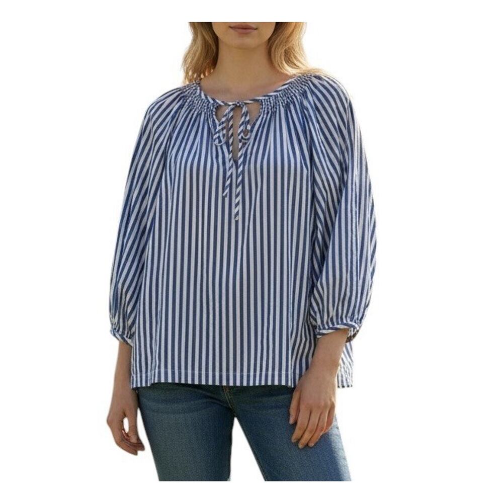 LAKE Hammock Stripe Long Sleeve Blouse Gathered Neck Coastal Casual Size Medium